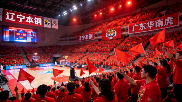 CBA焦点战辽宁本钢对阵广东华南虎现场，体育馆内红色浪潮翻涌