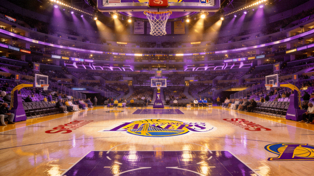 NBA常规赛湖人队与勇士队比赛前，斯台普斯球场洒满紫色金色灯光